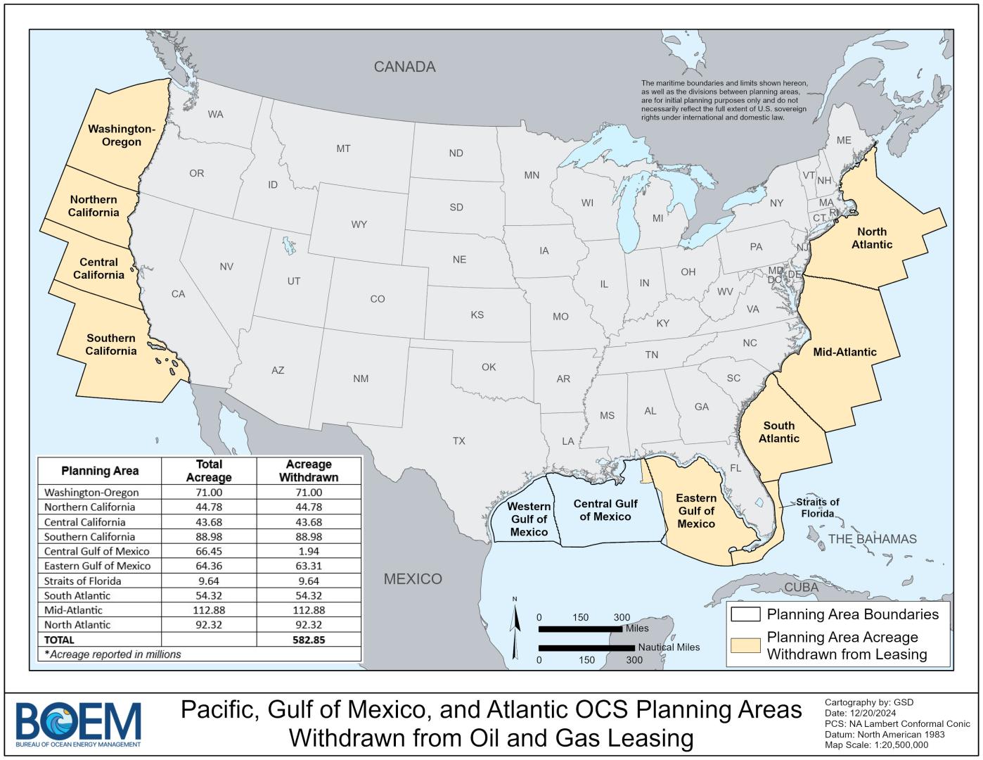 Map of areas permanently withdrawn from oil and gas activities in January 2025